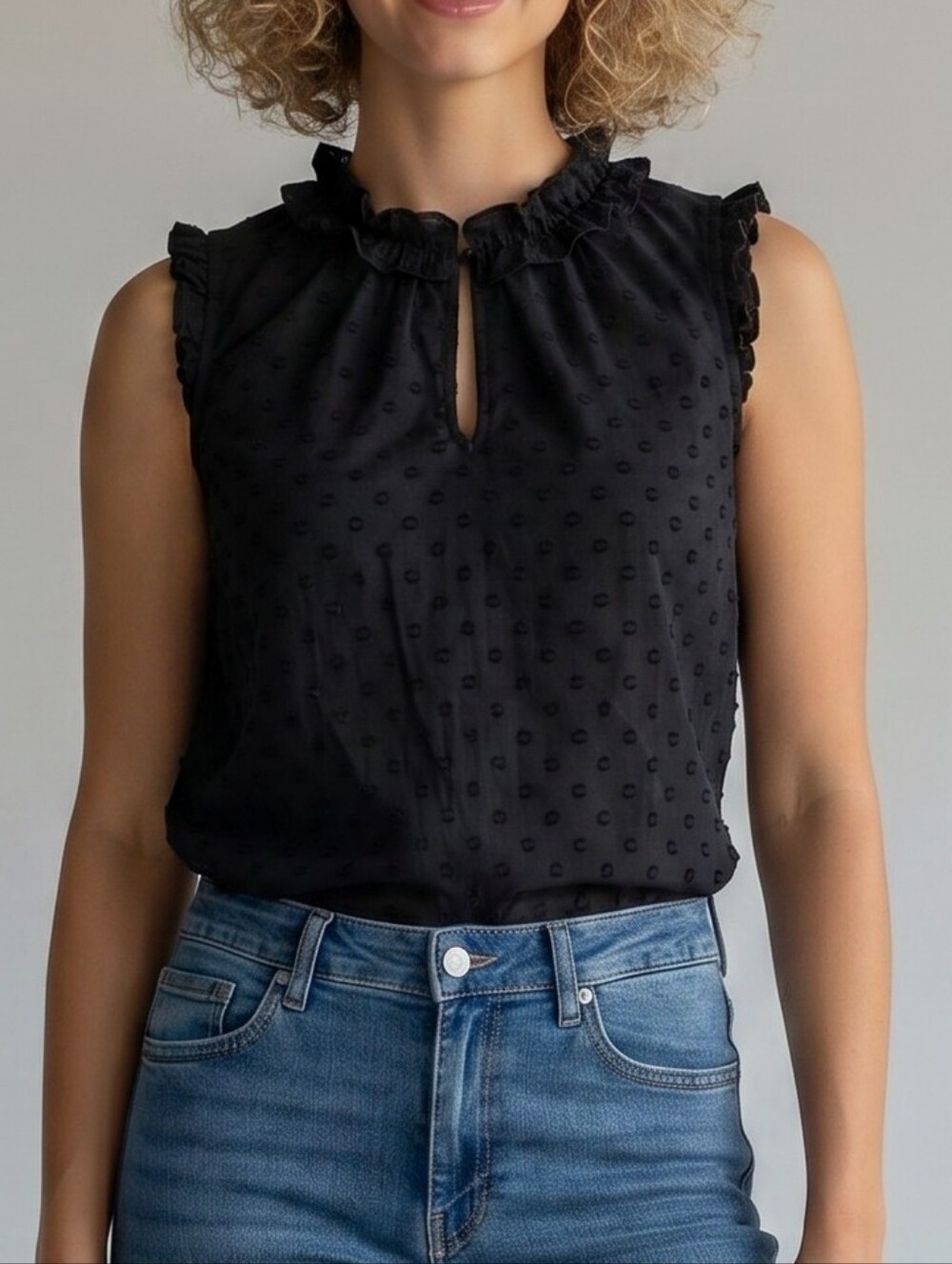 J. Crew Navy Parquet Swiss Dot Ruffle Neck Sleeveless Shell 4